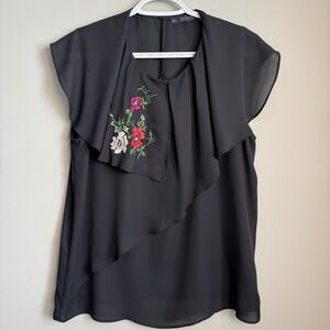 Zara Basic Collection Floral Embroidered‎ Layered Cap Sleeve Blouse Black Large